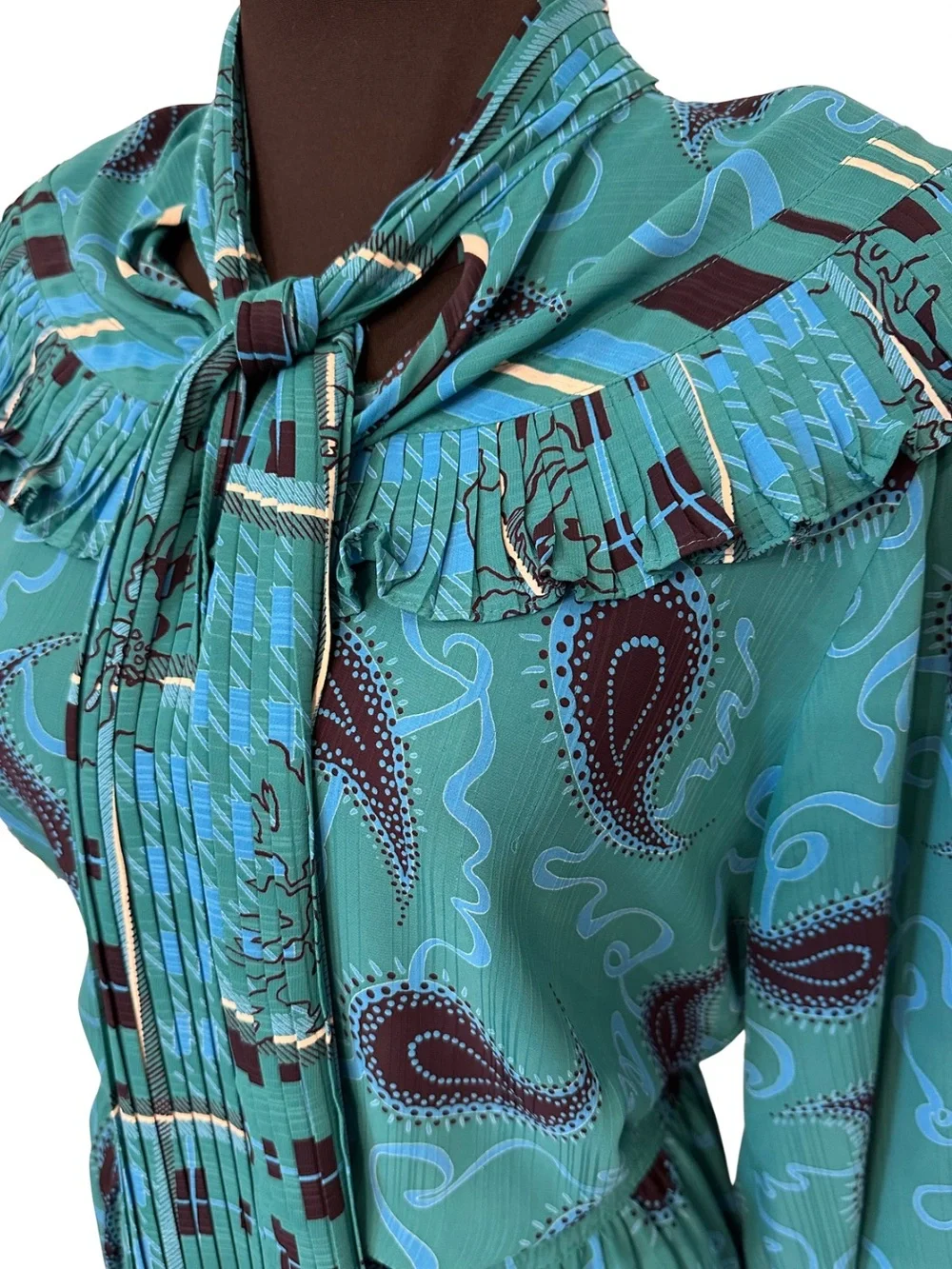 Vintage 1980 Diane Freis Teal Paisley Georgette 2-Piece Blouse & Midi Skirt Set